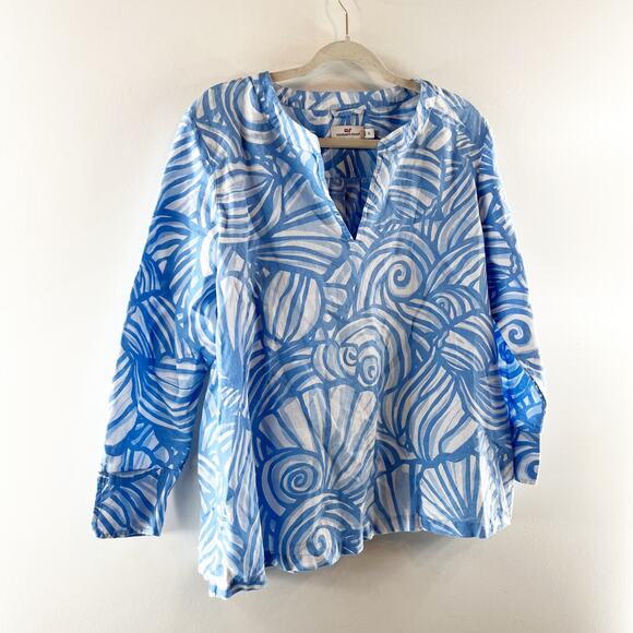 Vineyard Vines Blue and White Nautilus Shell Print Linen Blend Tunic Top XL - Picture 6 of 8